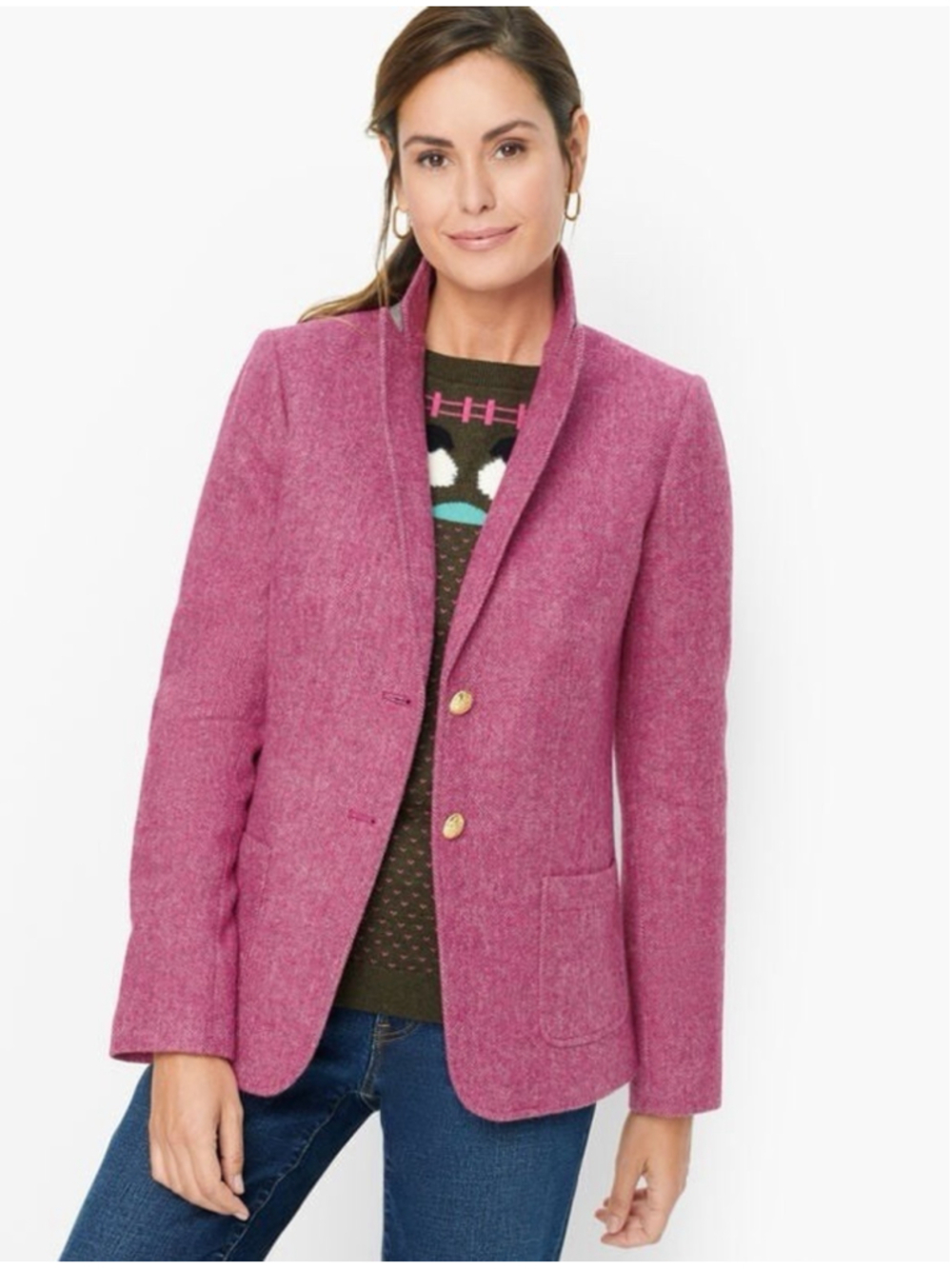 Talbots Shetland Wool Blend Pink Donegal Tweed Blazer Gold Buttons Pockets 20W
